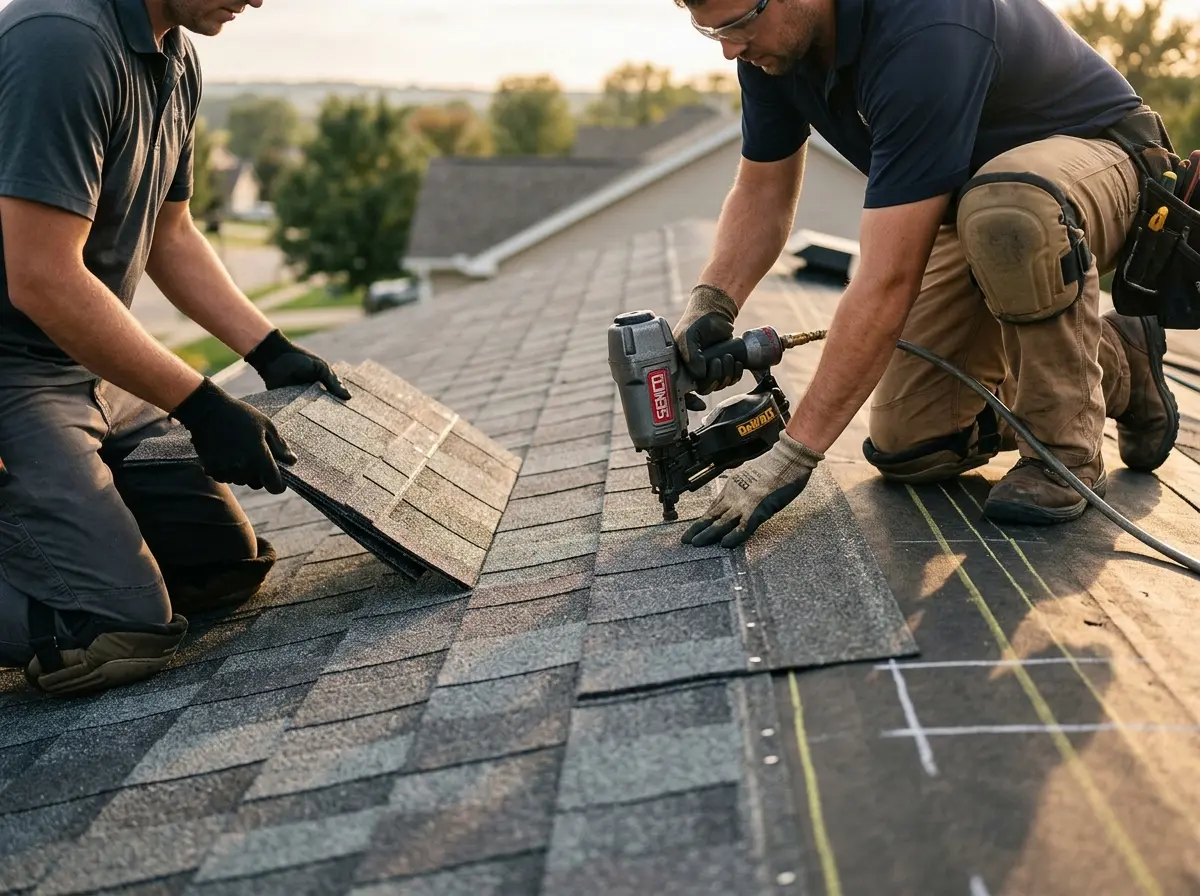 Professional roofer working on a residential roof in Montevideo